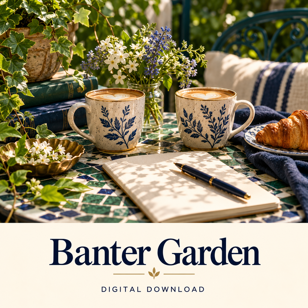 Banter Garden digital conversation workbook: illustrative garden café scene with two cups.