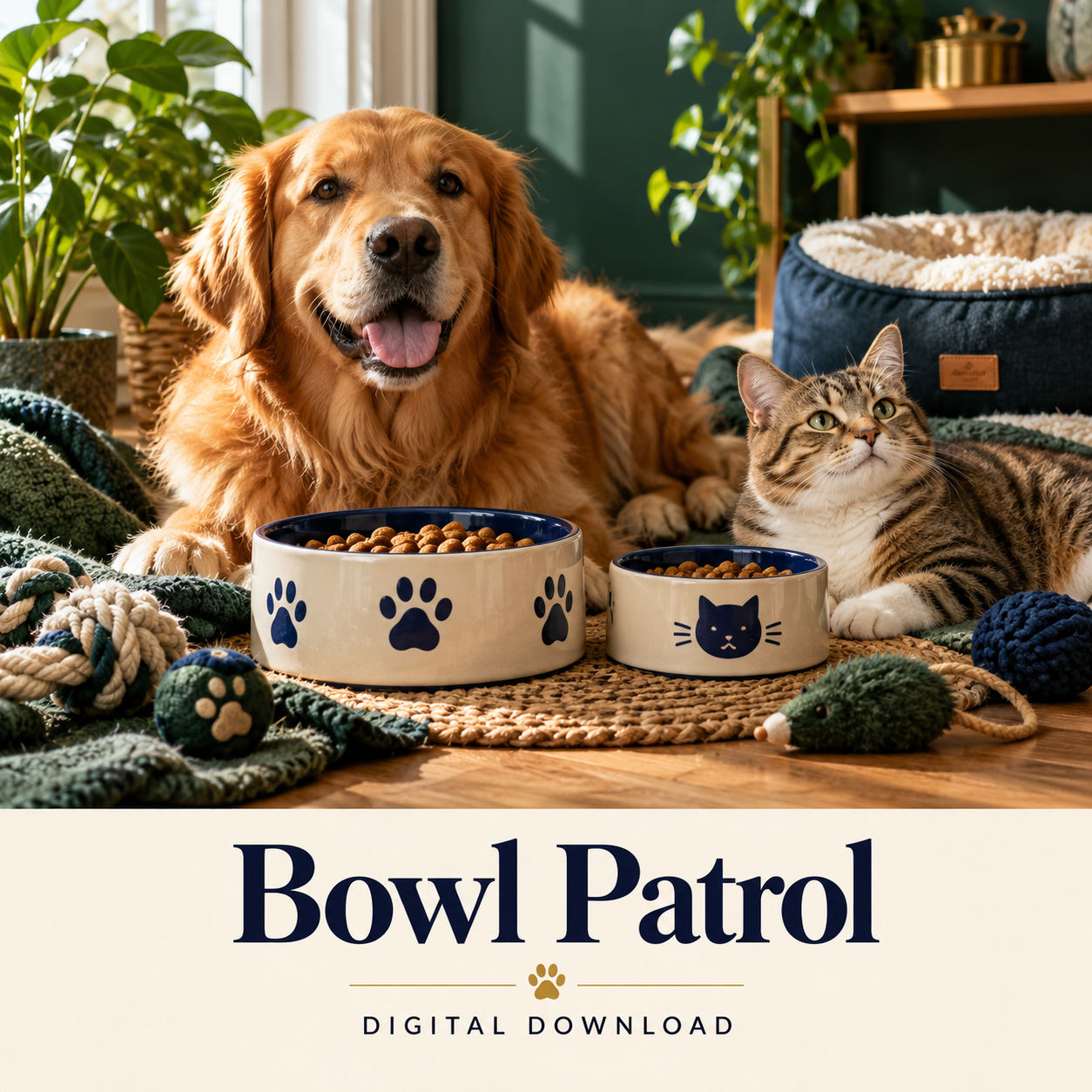 Bowl Patrol digital download: illustrative pet care lifestyle image.