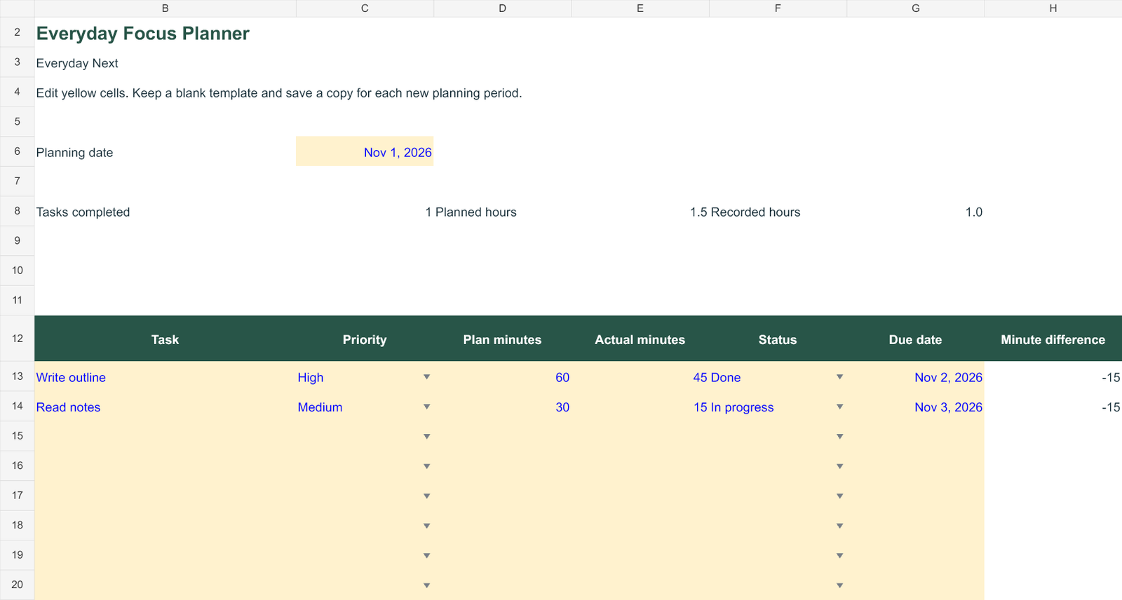 Everyday Focus Planner Example