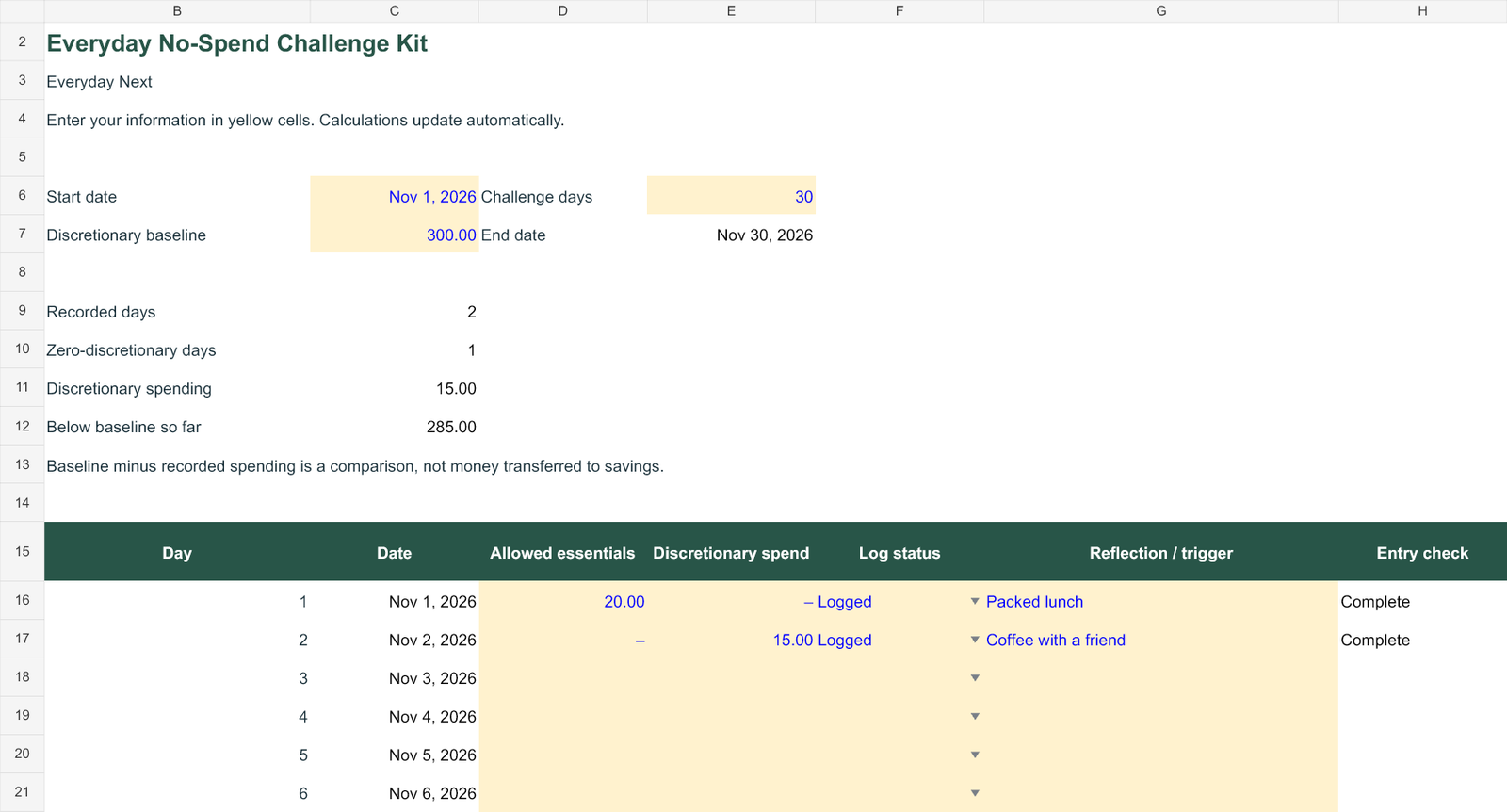 Wallet Pause - No-Spend Challenge Spreadsheet - Image 2