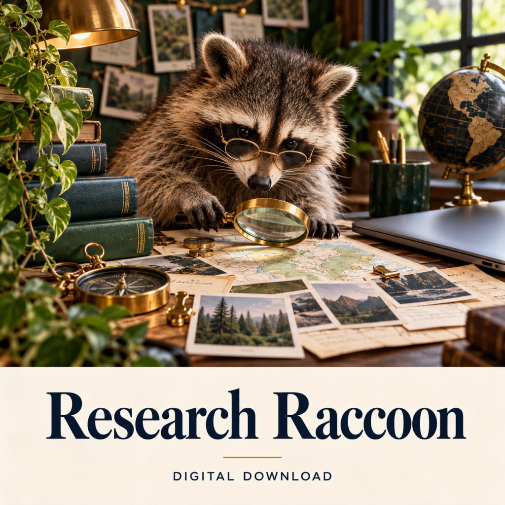 Research Raccoon digital download: illustrative productivity lifestyle image.