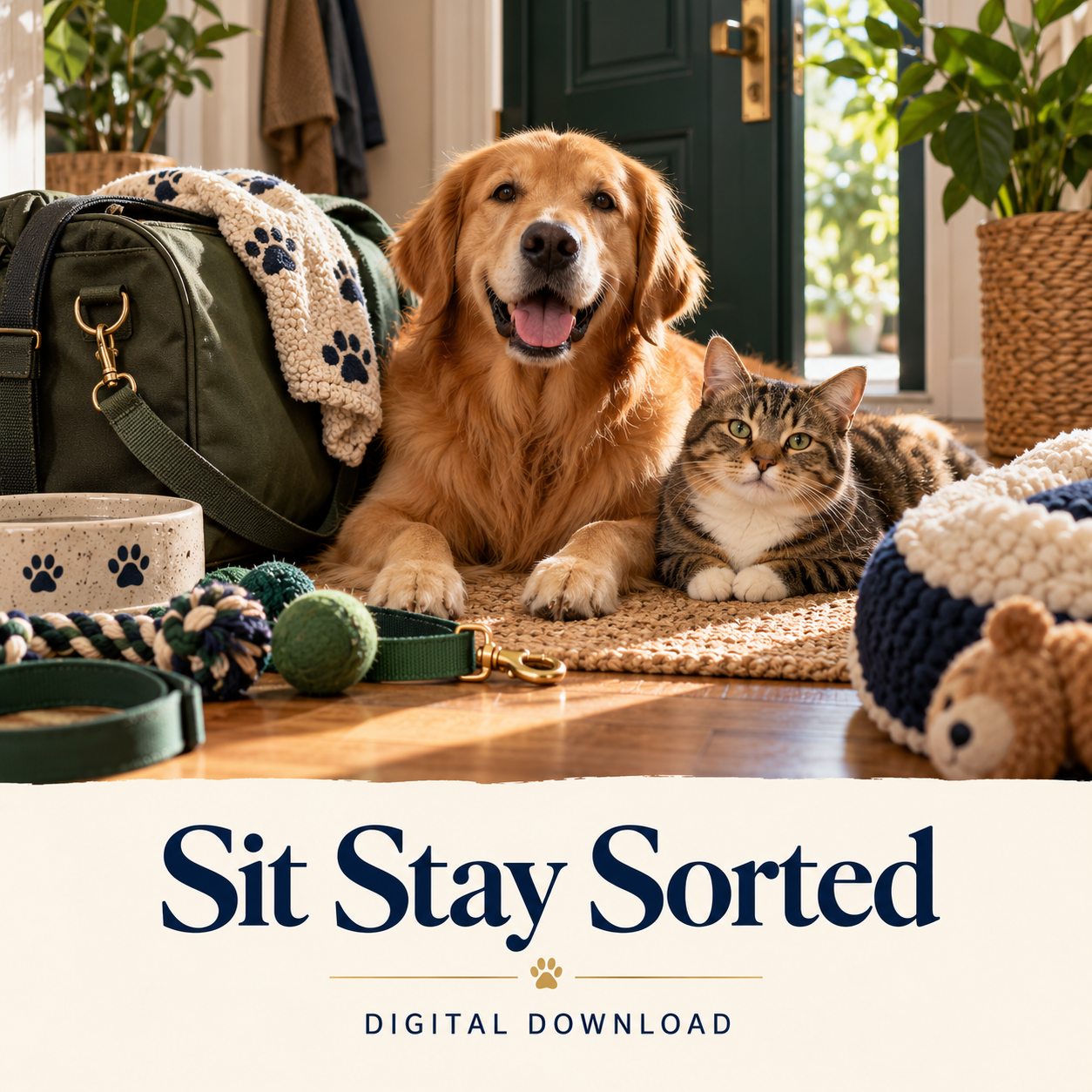 Sit Stay Sorted digital download: illustrative pet care lifestyle image.