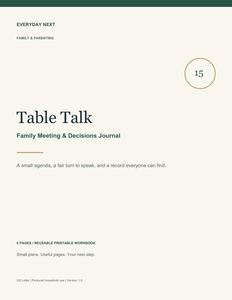 Table Talk - Family Meeting & Decisions Journal printable workbook cover