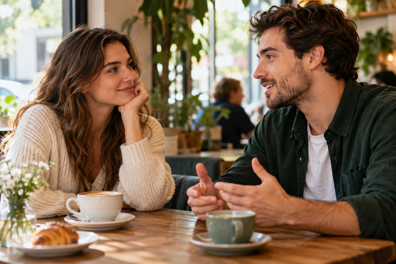 Two adults talking and listening in a neighborhood cafe